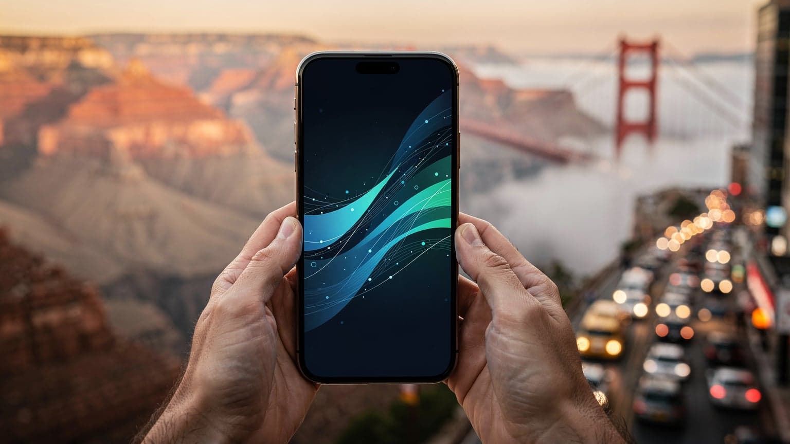 A close-up of hands holding a modern smartphone with an abstract digital display, set against a blurred yet iconic American travel destination like the Grand Canyon or New York City, under cinematic natural light. The image suggests affordable and seamless mobile connectivity for travelers.