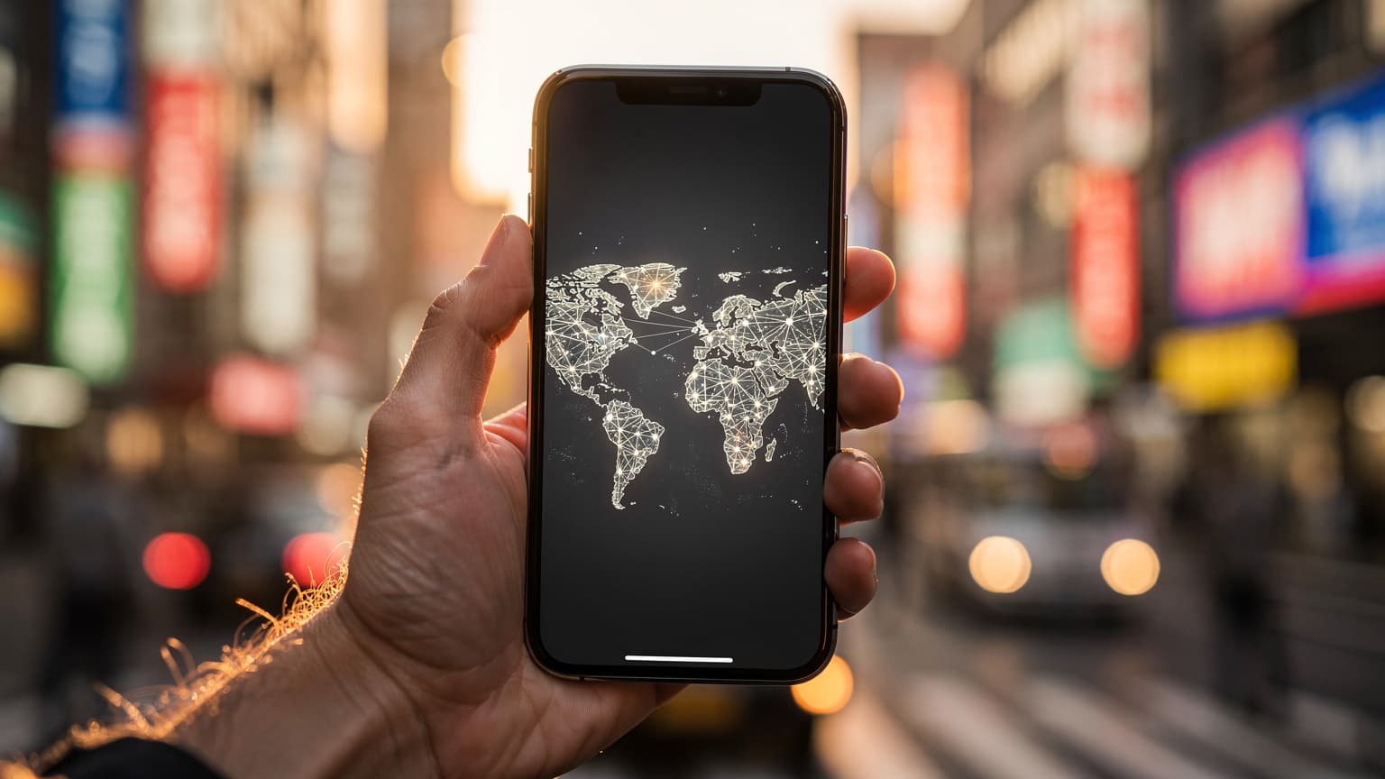 A close-up of a hand holding a smartphone displaying a digital interface, against a softly blurred background of an East Asian city, representing international travel and eSIM technology.