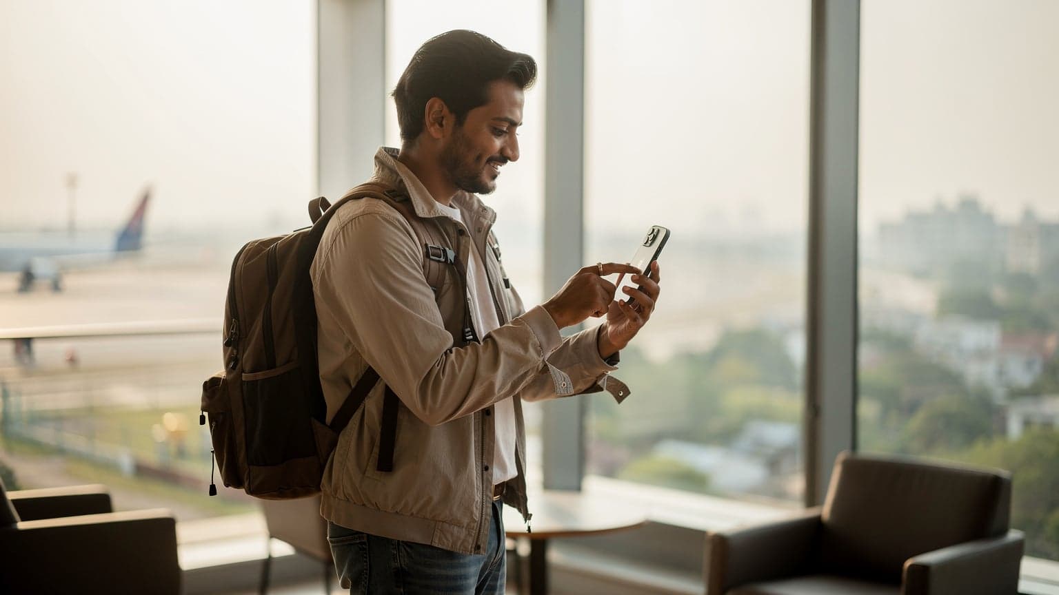 An Indian traveler activating an eSIM on an iPhone in a bright airport lounge, showcasing seamless digital connectivity for travel.