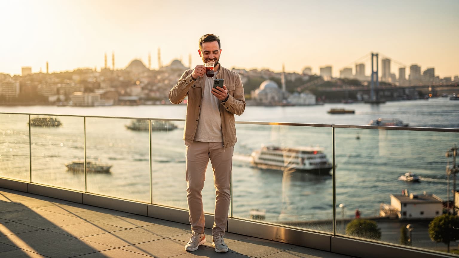 A relaxed traveler holding a smartphone on a modern Istanbul rooftop overlooking the Bosphorus at sunset, symbolizing easy travel and seamless connectivity.