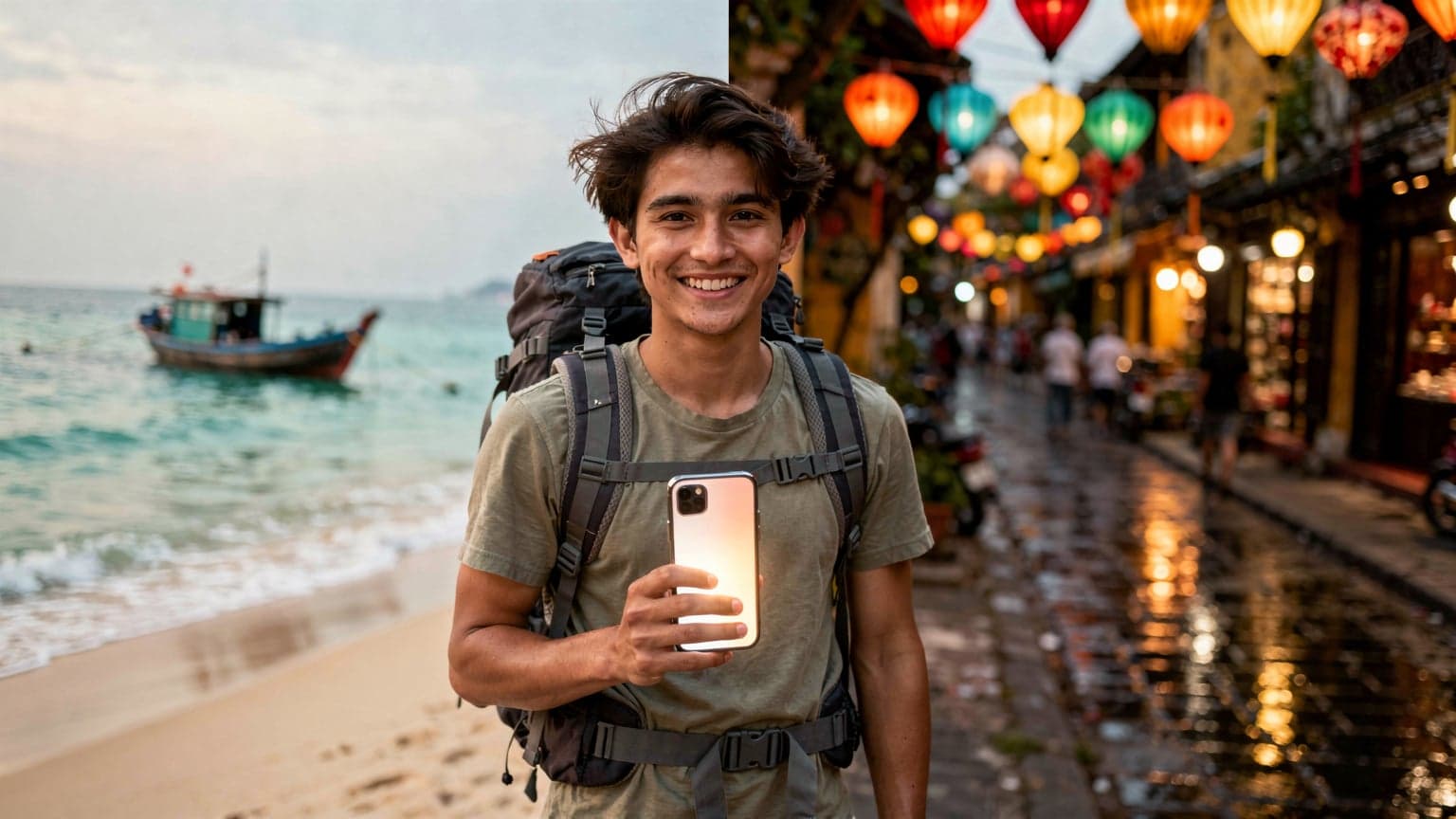 A smiling backpacker holding a smartphone against a split background showing a Vietnamese beach and Hoi An ancient town, representing travel and connectivity.