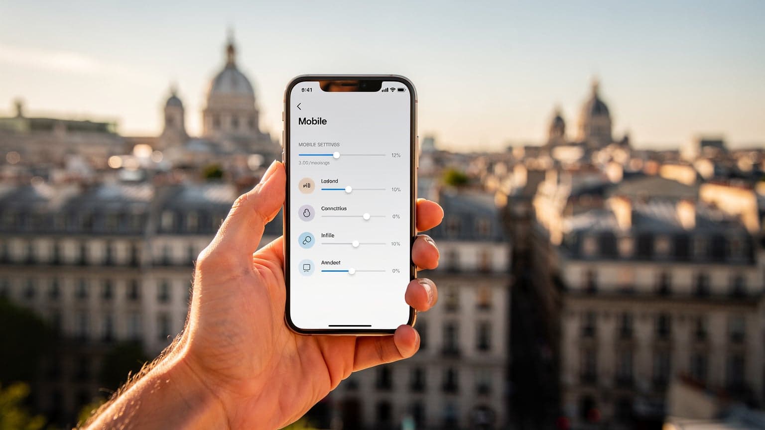 A hand holds a smartphone with a blurred city skyline in the background, symbolizing seamless global connectivity and eSIM technology for international travel.