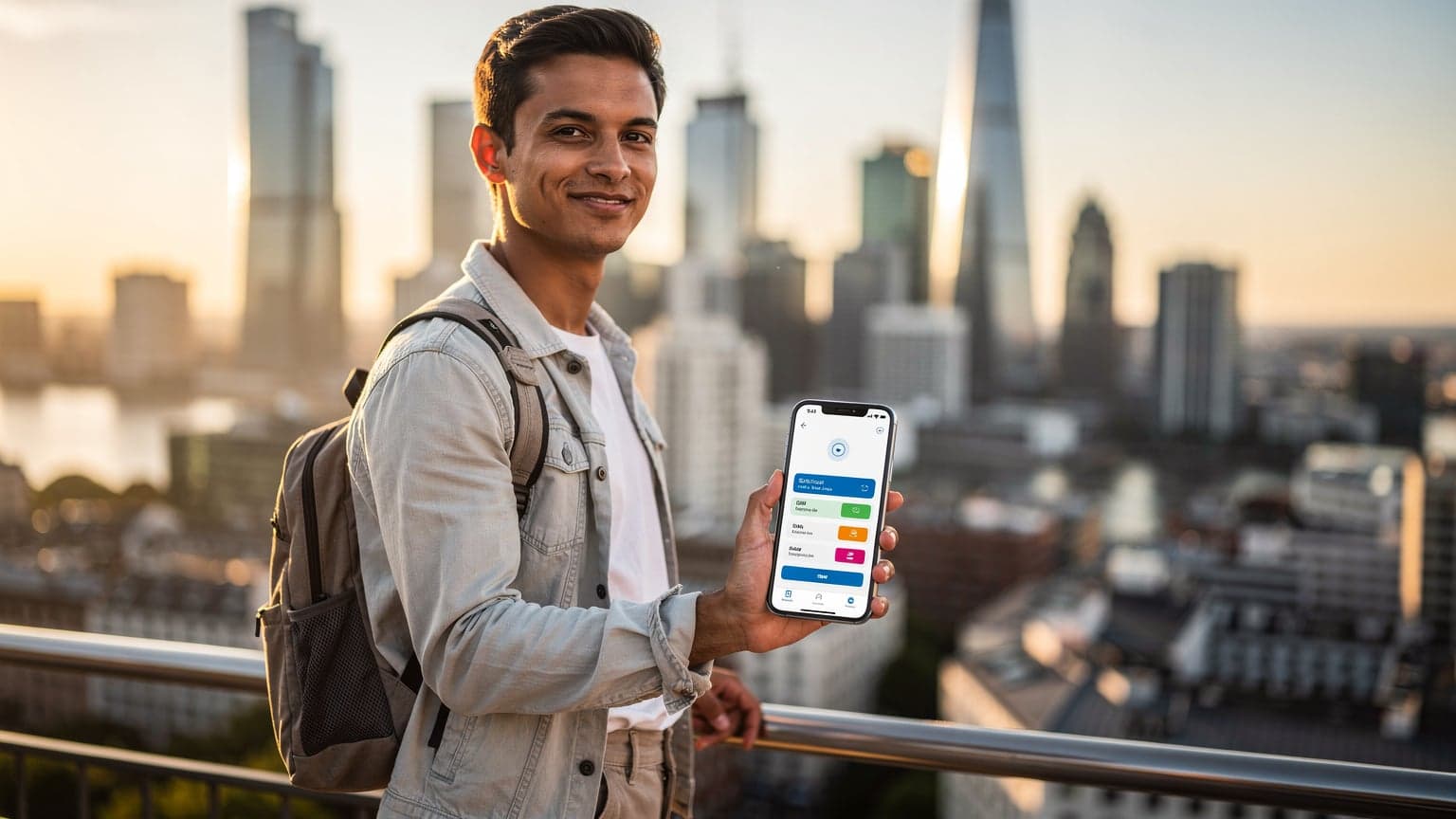 A modern traveler, looking content, holds a smartphone showing an eSIM interface, with a vibrant, sun-drenched city skyline blurred in the background, representing affordable global data.
