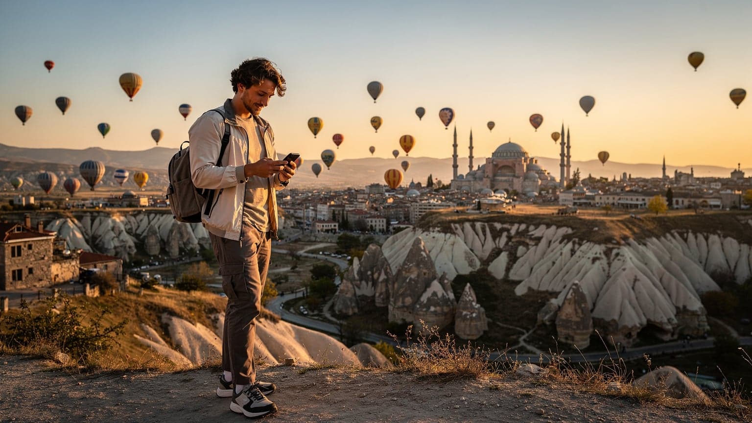 A stylish traveler uses a smartphone against a scenic Turkish backdrop, such as Cappadocia hot air balloons or Istanbul's skyline, bathed in warm natural light, symbolizing modern travel and connectivity.