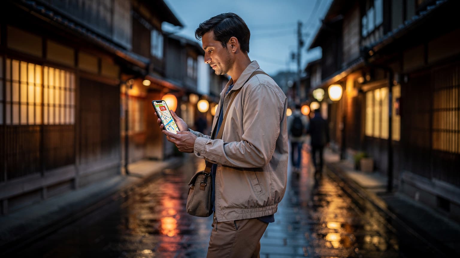 A traveler uses a smartphone on a traditional Japanese street in Kyoto at twilight, conveying effortless navigation and connectivity.