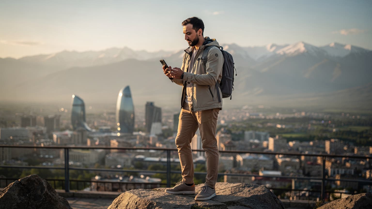 A modern traveler uses a smartphone on a scenic overlook in Azerbaijan, symbolizing seamless connectivity and freedom while exploring.