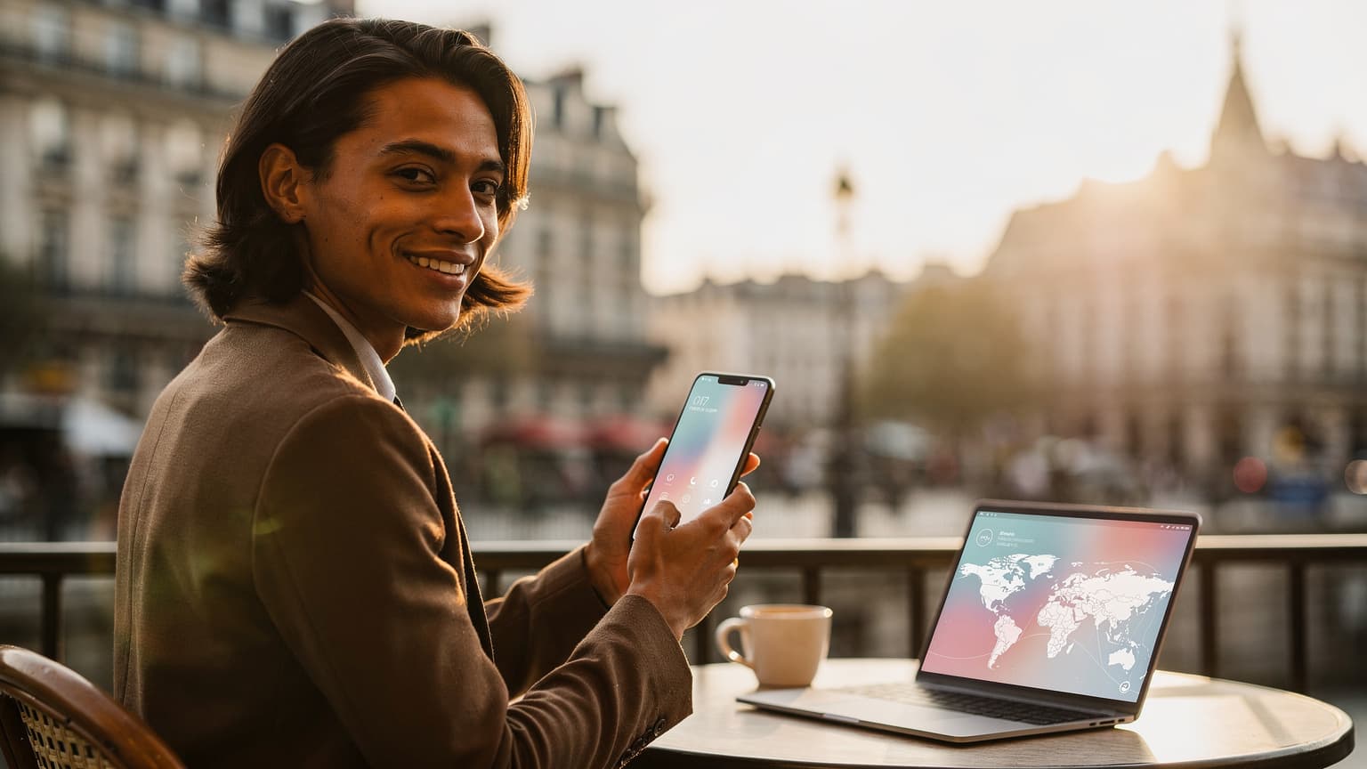 A person holding a smartphone with a digital map and network bars, overlooking a European city skyline at golden hour, symbolizing global travel, connectivity, and remote work or digital sales.