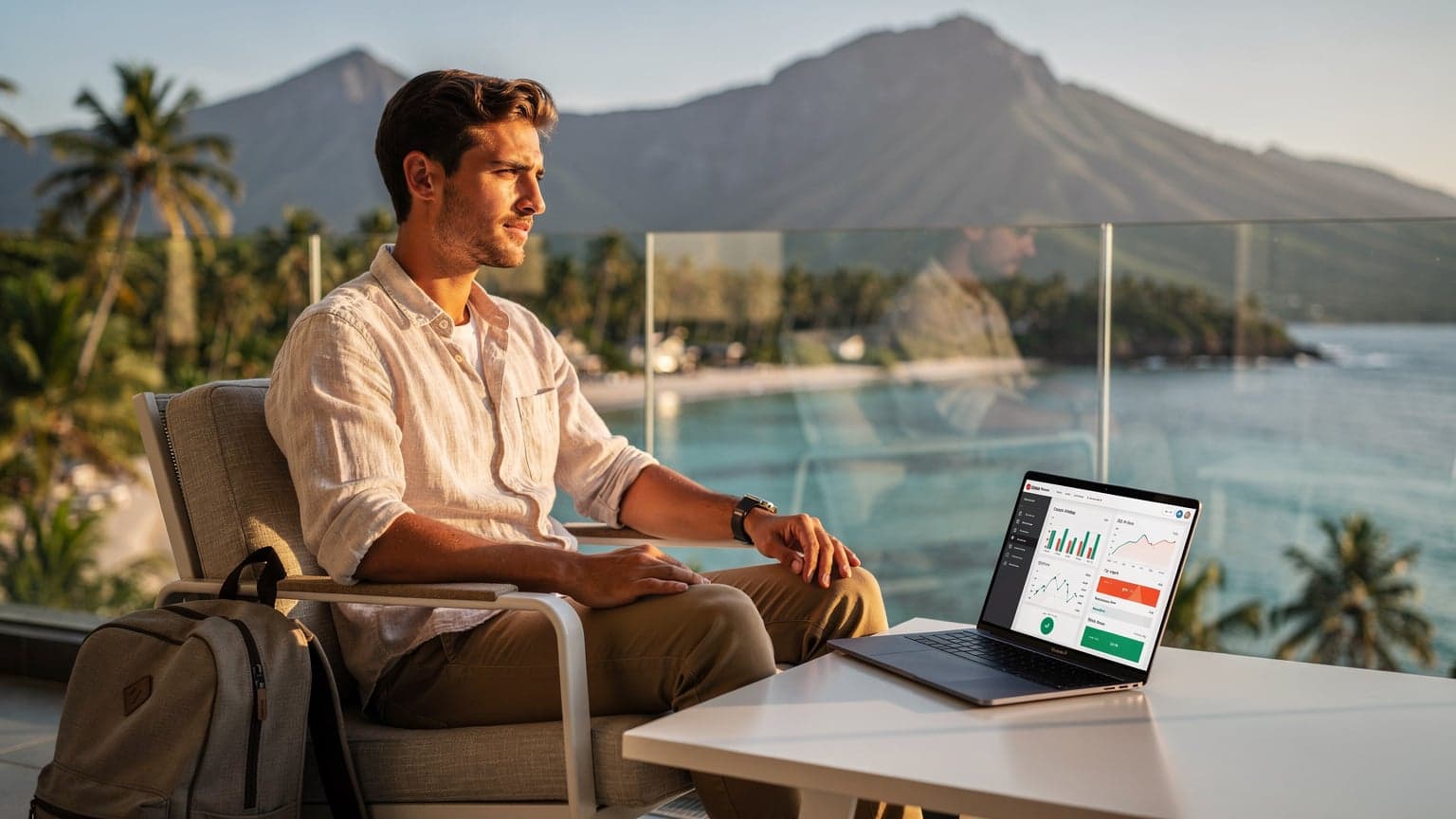 A successful digital nomad works on a laptop on a luxurious terrace overlooking a stunning travel destination at golden hour, representing travel blogging and income.