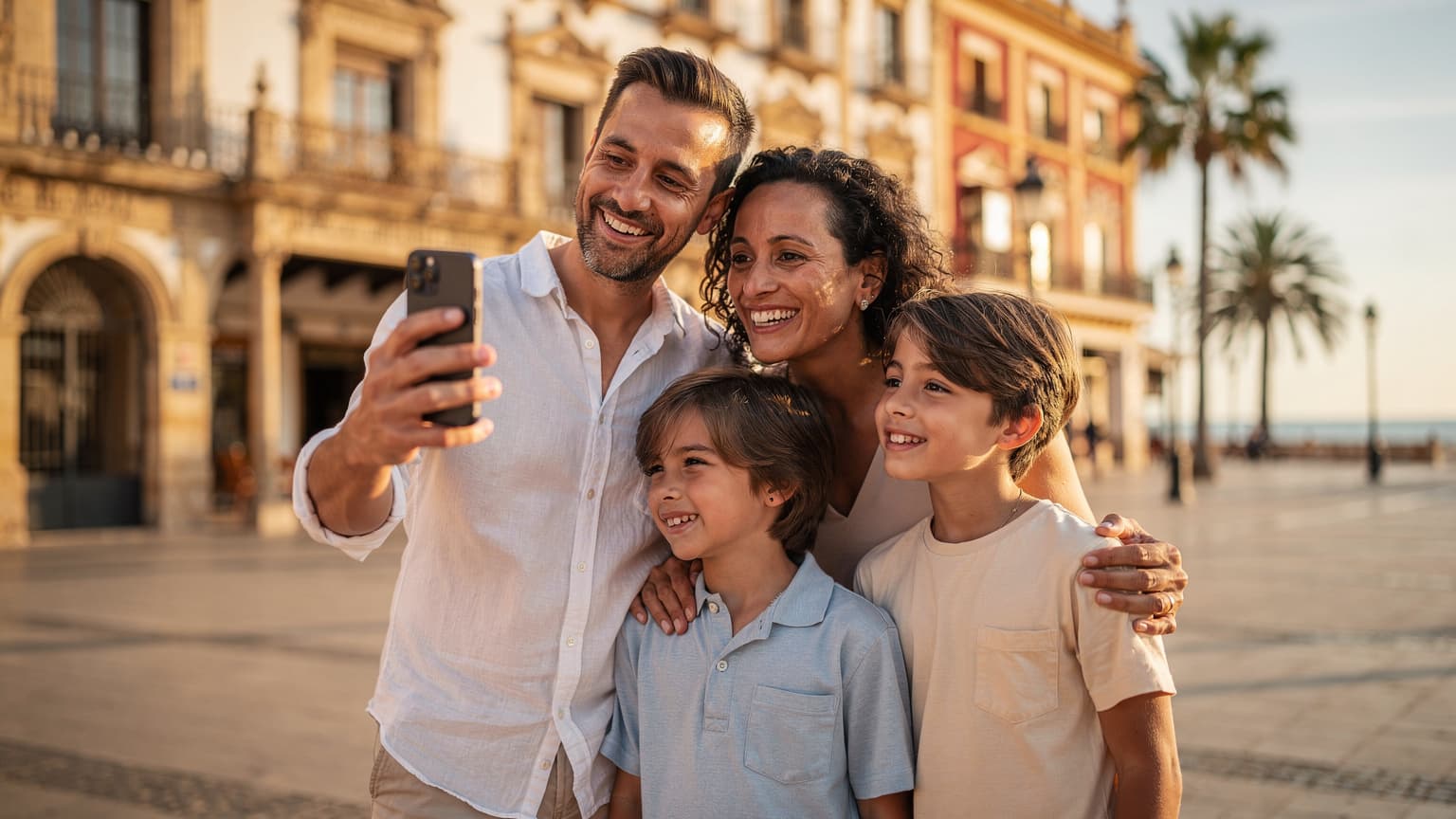 A smiling family of four, parents and two children, relaxed and enjoying a sunny vacation moment in a beautiful Spanish city square, with one parent subtly holding a smartphone.