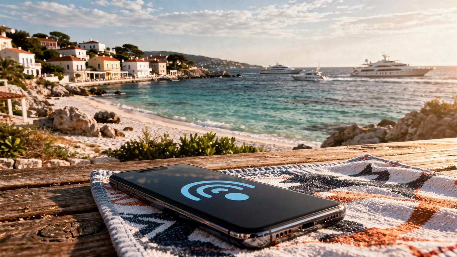 A modern smartphone on a rustic table overlooking a scenic Greek or Croatian island coastline with turquoise waters and a distant village, embodying seamless summer travel and connectivity.