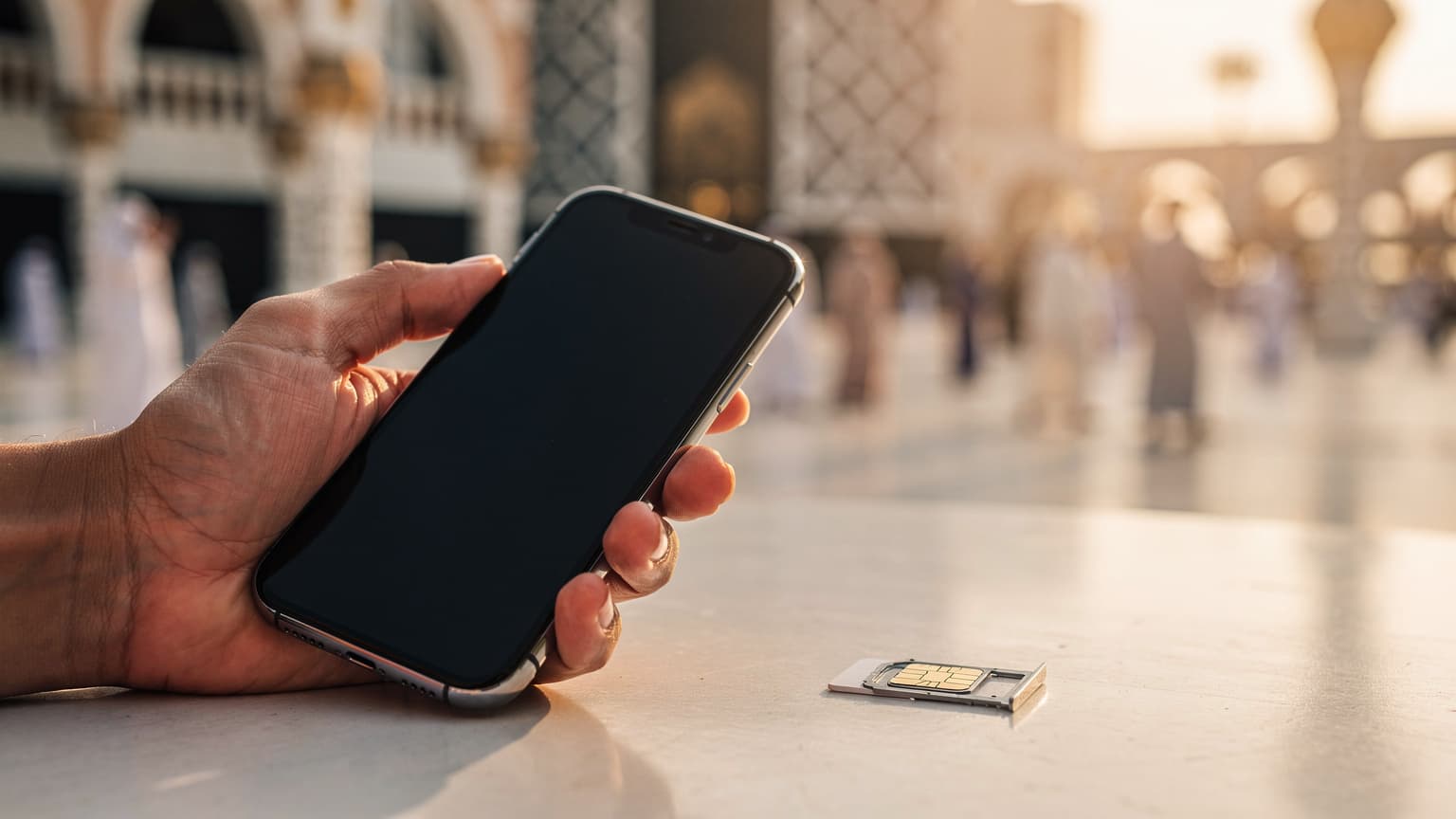 A traveler's hand holds a smartphone, with a local SIM card beside it, against a soft-focus backdrop of Mecca or Medina, illustrating cost-effective mobile connectivity during summer pilgrimage.