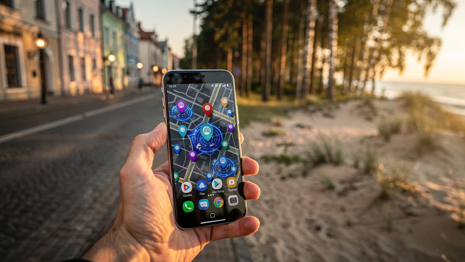 A hand holding a smartphone with a connected screen against a blurred backdrop of a scenic Baltic landscape or old town, representing seamless travel connectivity.