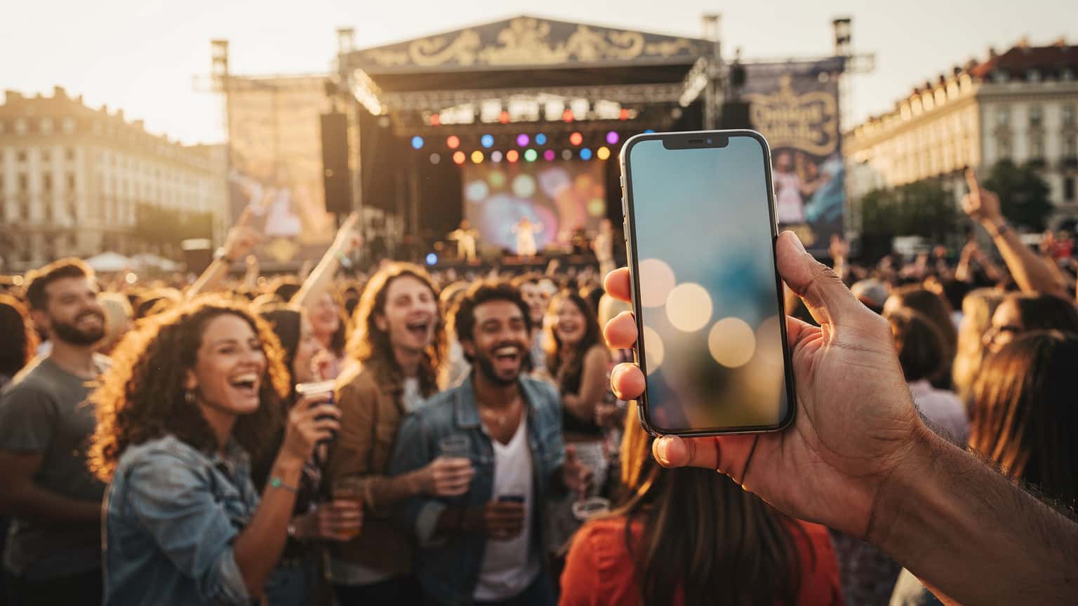 A vibrant, cinematic image of a summer music concert in a European city, with concert-goers holding smartphones, symbolizing travel, connectivity, and instant sharing of experiences.
