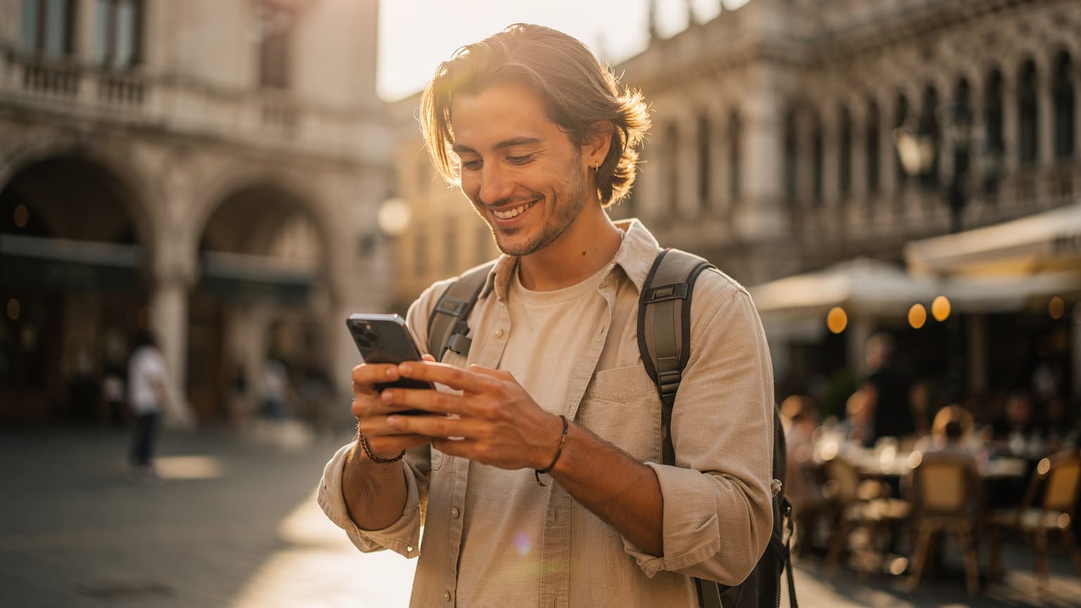 A happy traveler in a European city square, looking at their smartphone with a warm smile, implying a video call with family while on an international holiday.