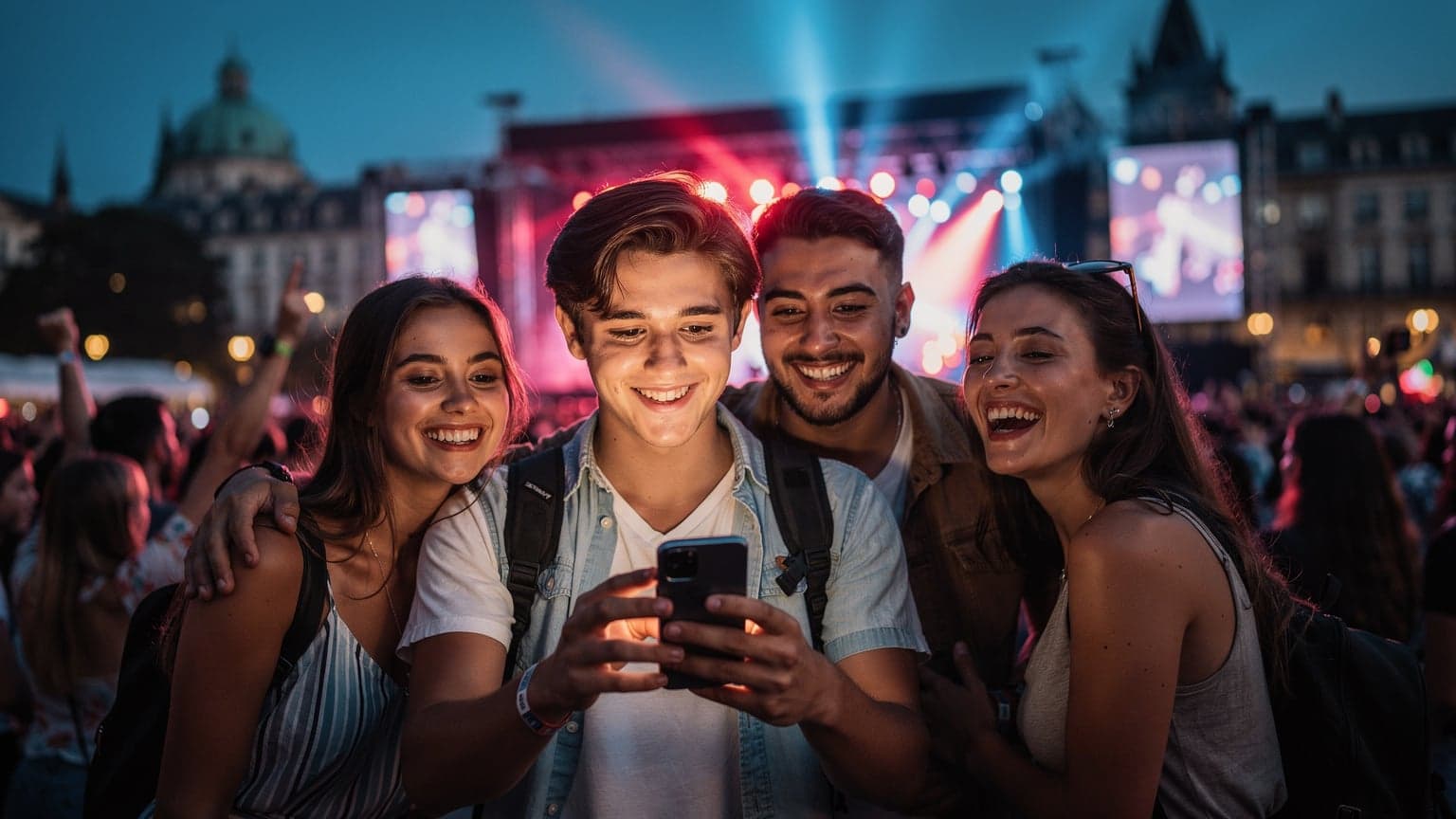 A photorealistic editorial image of young adults enjoying a vibrant European summer music festival at twilight, with colorful lights. One person is discreetly using a smartphone to capture or share content, symbolizing digital connectivity and sharing magic with eSIM.
