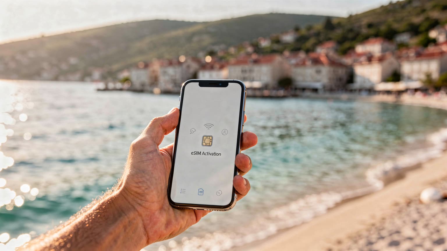 A close-up of a hand holding a smartphone with an eSIM activation screen, set against a beautiful, sunlit, blurred backdrop of a Balkan beach with turquoise sea and coastal buildings, symbolizing last-minute travel and tech.