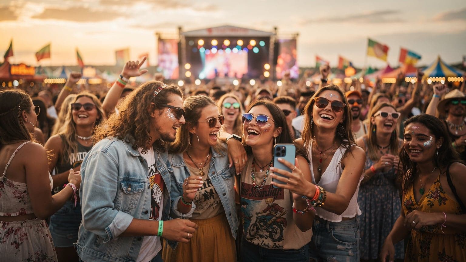 A vibrant, photorealistic image of diverse young people enjoying a summer music festival in Europe, with one person subtly holding a smartphone, representing digital connectivity.