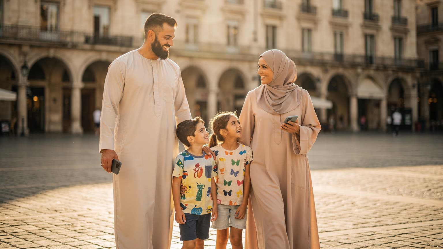 A happy Gulf family, including parents and two children, enjoying a relaxed stroll through a beautiful European city square during golden hour. Historic buildings are visible in the background, and the scene is illuminated with warm, natural light, suggesting a joyful and easy travel experience.