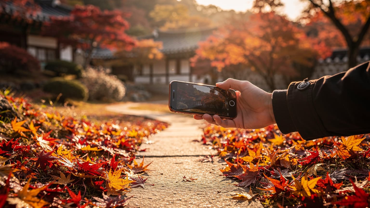 A photorealistic image showing a vibrant autumn landscape with red and orange maple leaves. A hand subtly holds a modern smartphone in the foreground, representing travel and digital connectivity in Japan or Korea during the fall season.