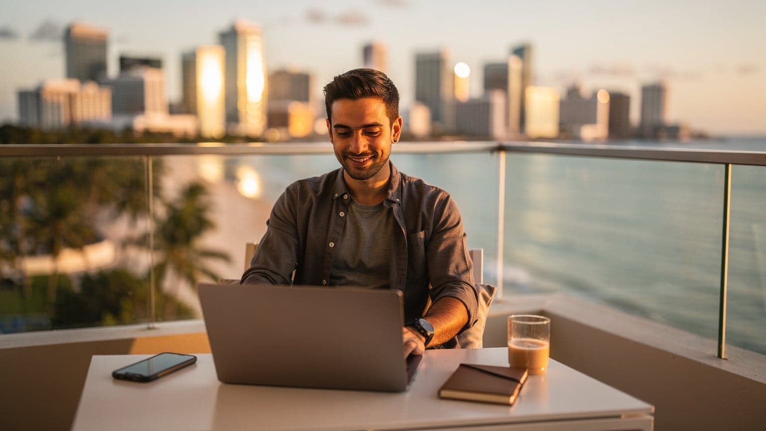 A photorealistic image of a stylish digital nomad working on a laptop on a modern balcony overlooking a vibrant city skyline or tropical beach at golden hour, conveying freedom and remote work success.