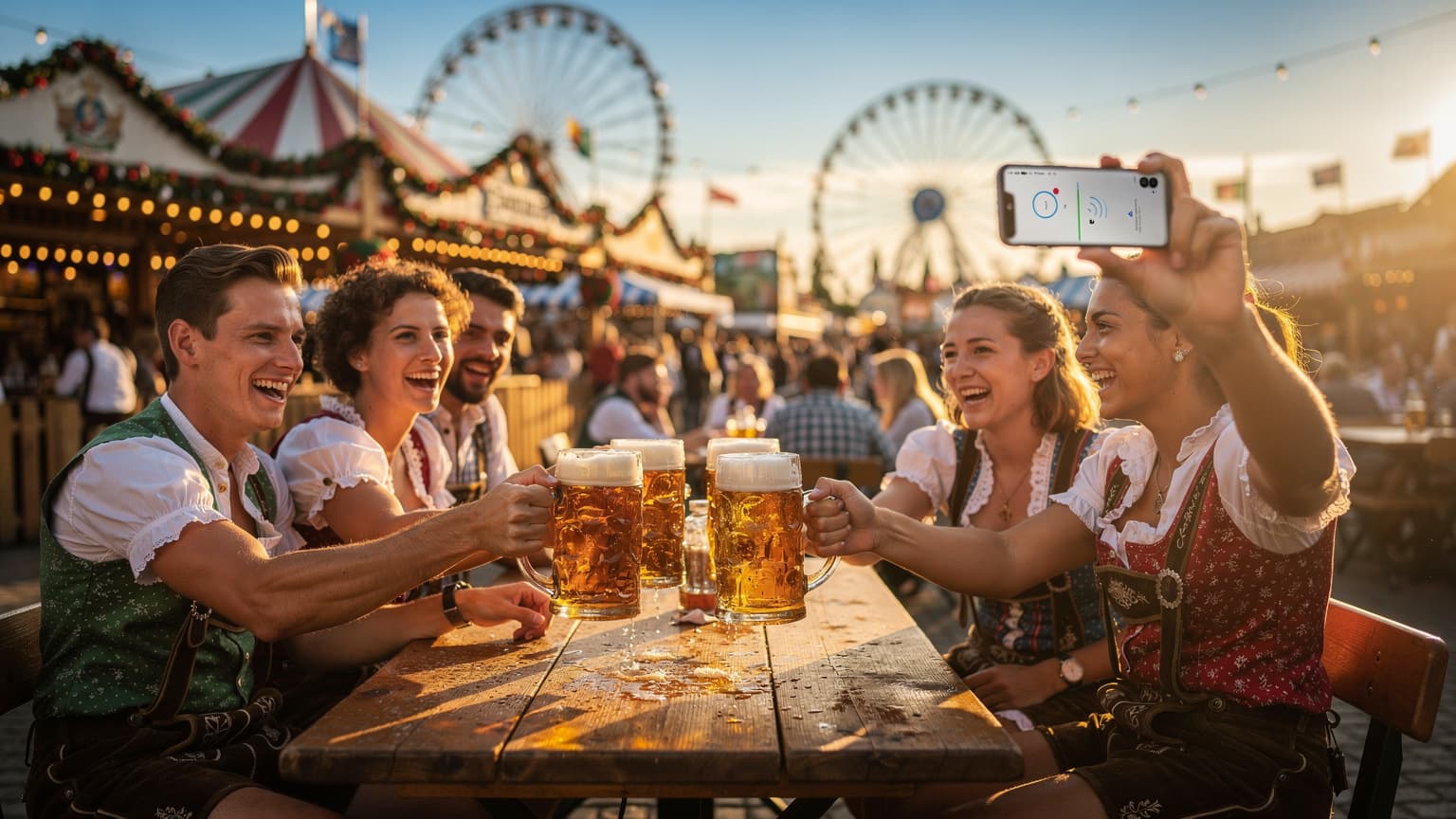 A cinematic wide shot of Oktoberfest in Munich, showing people in traditional Bavarian attire toasting with beer steins, with one person subtly holding a smartphone to represent modern connectivity.