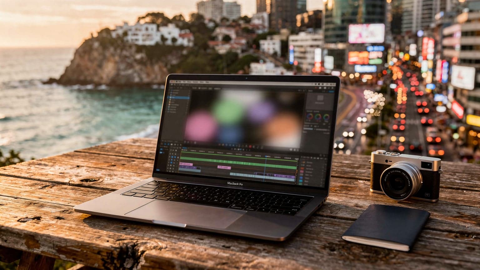 A photorealistic editorial hero image showing a modern laptop on a rustic wooden table, overlooking a breathtaking scenic travel destination. The laptop screen displays a blurred data dashboard, flanked by a minimalist travel camera and a passport, all bathed in warm natural light, suggesting travel, technology, and analytics.