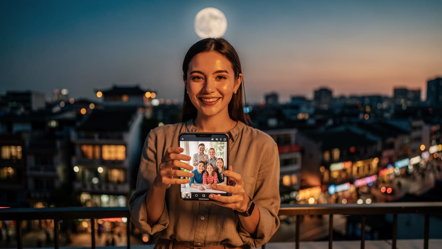 A person on a balcony in a foreign city during sunset, happily engaged in a video call on their smartphone, with a full moon visible, symbolizing seamless family connection and travel during the Mid-Autumn Festival, enabled by eSIM.