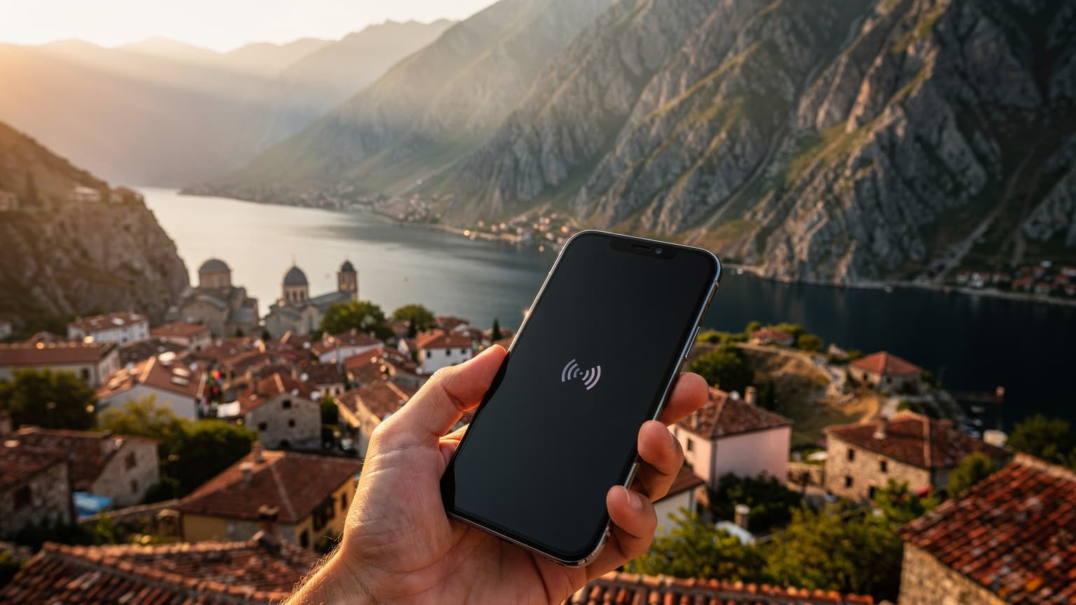 A close-up of a hand holding a smartphone with a subtle signal icon, set against a blurred yet beautiful Balkan landscape, conveying modern travel connectivity.