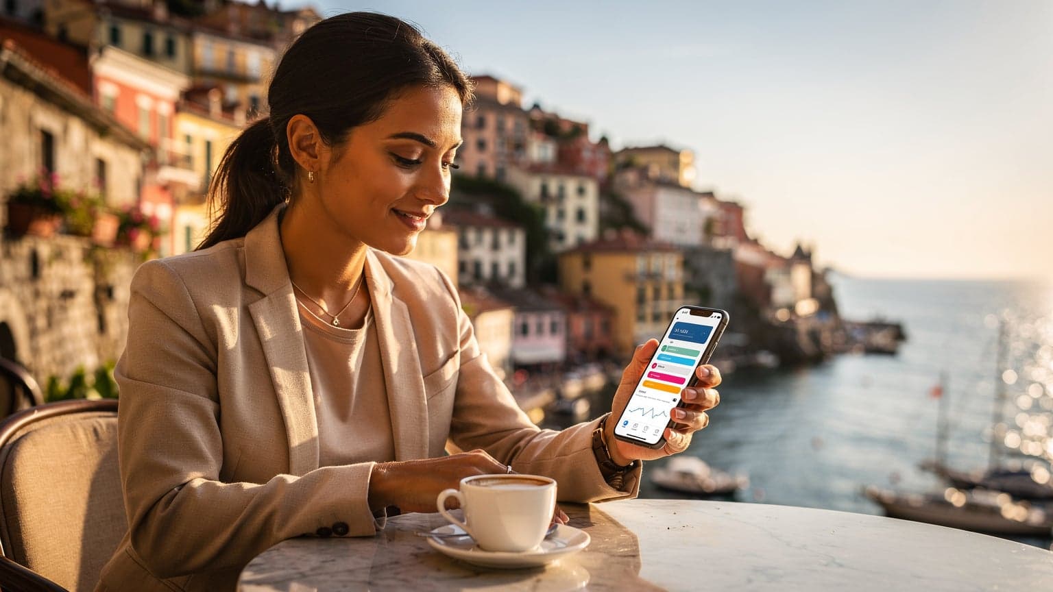 A stylish person views a smartphone screen with a satisfied expression, sitting at an outdoor cafe overlooking a beautiful European coastal town at golden hour, representing travel monetization.