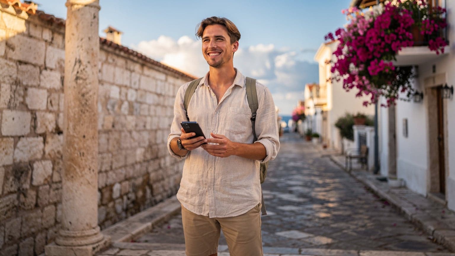 A person holds a modern smartphone, looking relaxed, against a sun-drenched background featuring a blend of ancient Greek architecture and charming Italian street elements, evoking seamless summer travel and technology.