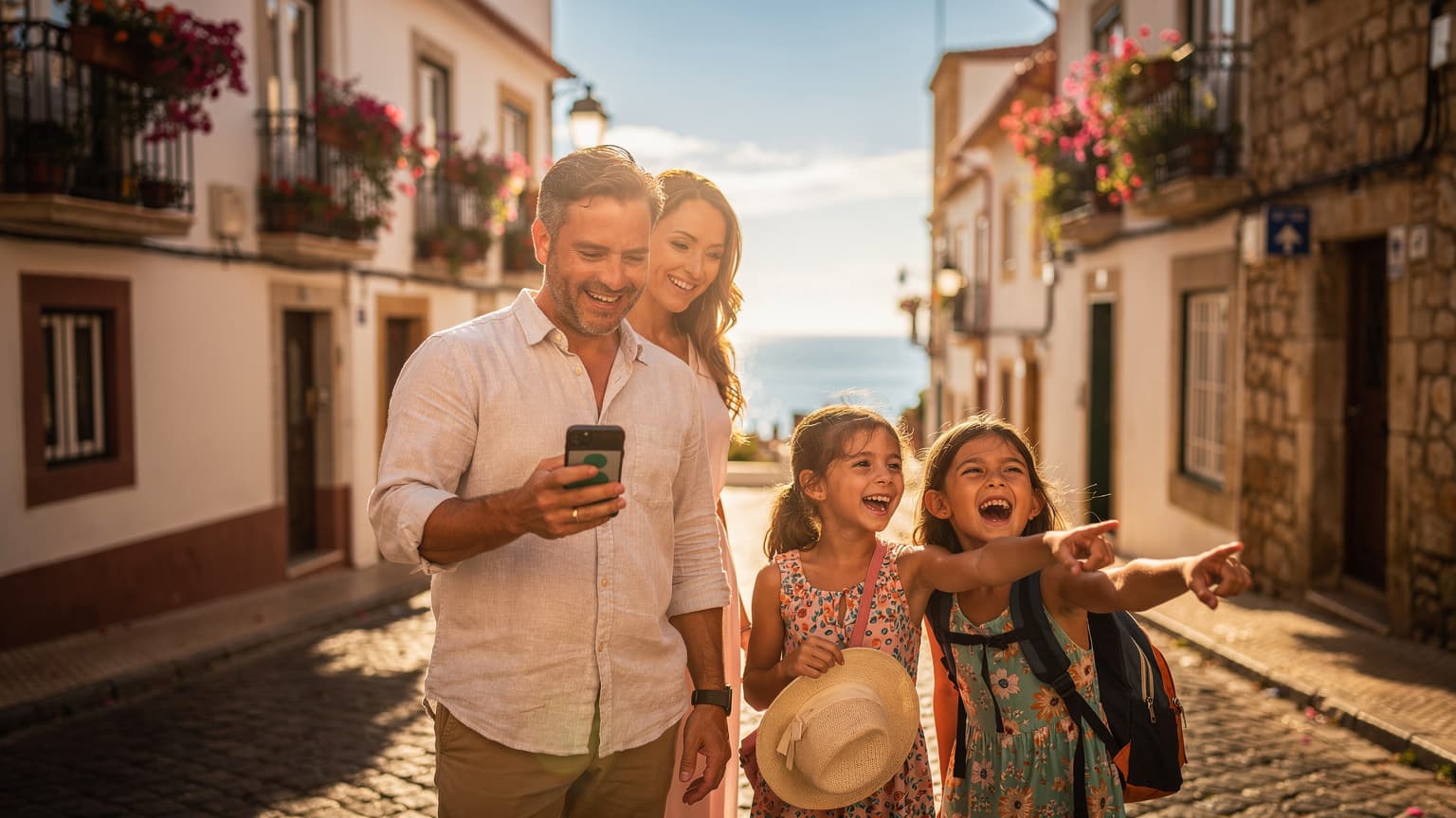 A family on a sunny summer vacation in Spain or Portugal, with a parent subtly using a smartphone, symbolizing connectivity while traveling with children.