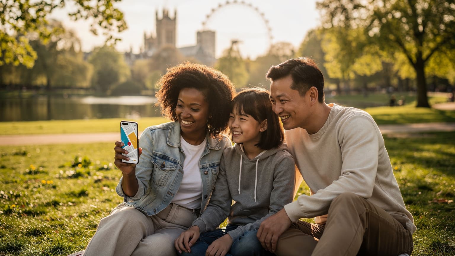 A family smiling and relaxed in a sunny London park, with a parent subtly holding a smartphone, symbolizing seamless connectivity during UK travel.