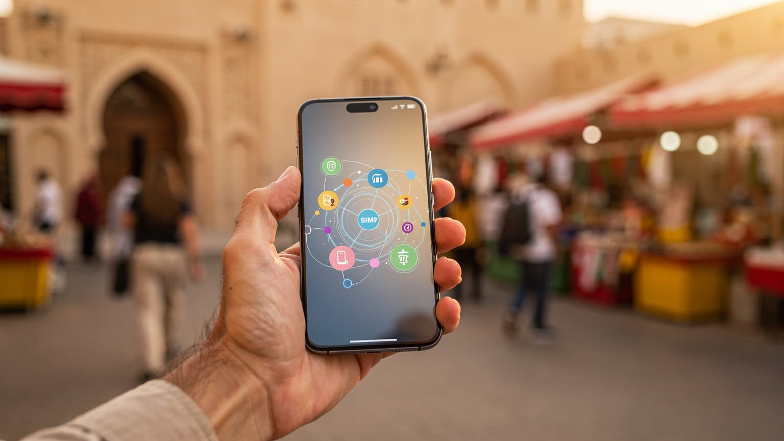 A close-up of a hand holding a smartphone, with a blurred background of a sunny Bahraini cityscape or traditional market, symbolizing instant internet connectivity for travelers using eSIM technology.