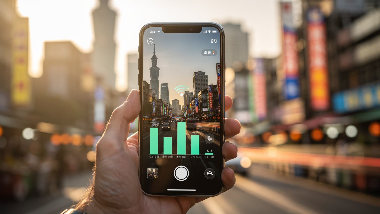 A close-up of a hand holding a smartphone displaying a strong network signal, set against a blurred yet vibrant Taiwanese city background featuring Taipei 101 at golden hour, conveying travel and technology.