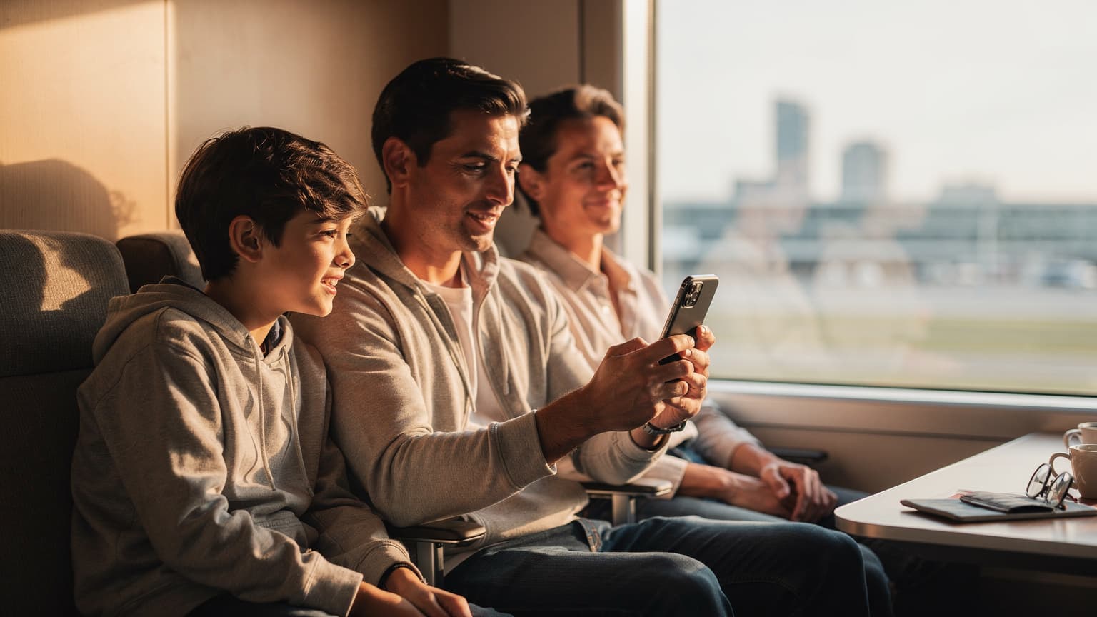 A diverse family in a modern travel setting, looking at a smartphone, symbolizing preparedness for a future trip.