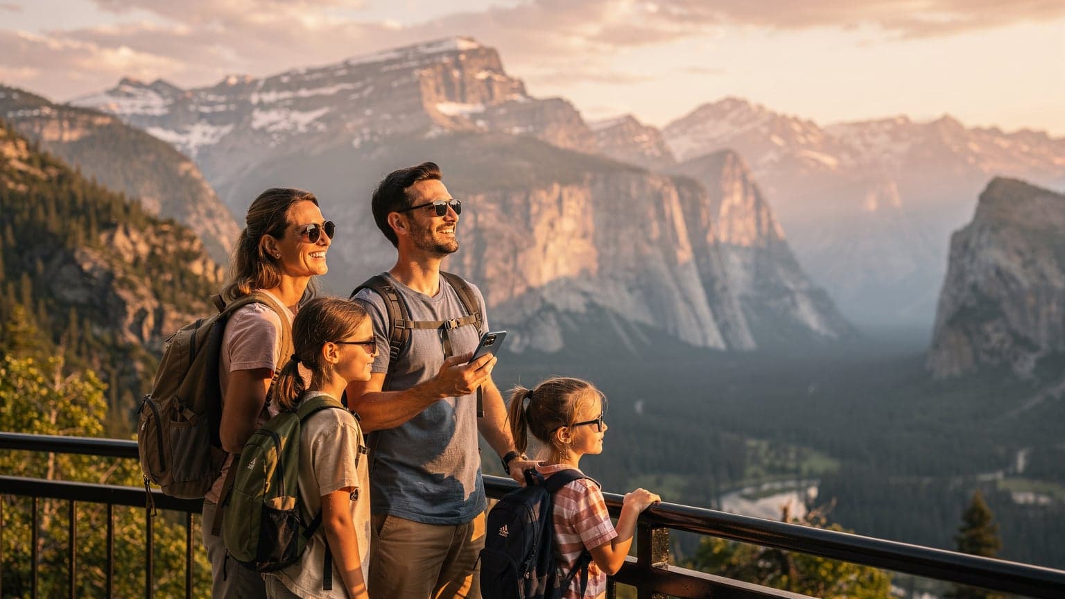 A happy family enjoying a summer vacation at a scenic overlook in a North American national park, with one parent casually holding a smartphone, symbolizing stress-free travel and connectivity.