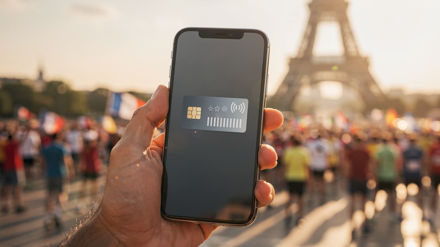 A hand holding a smartphone with a digital pass, set against the backdrop of a sunlit Eiffel Tower and a lively crowd, symbolizing connected travel and the Paris 2026 Olympic Games enabled by eSIM technology.