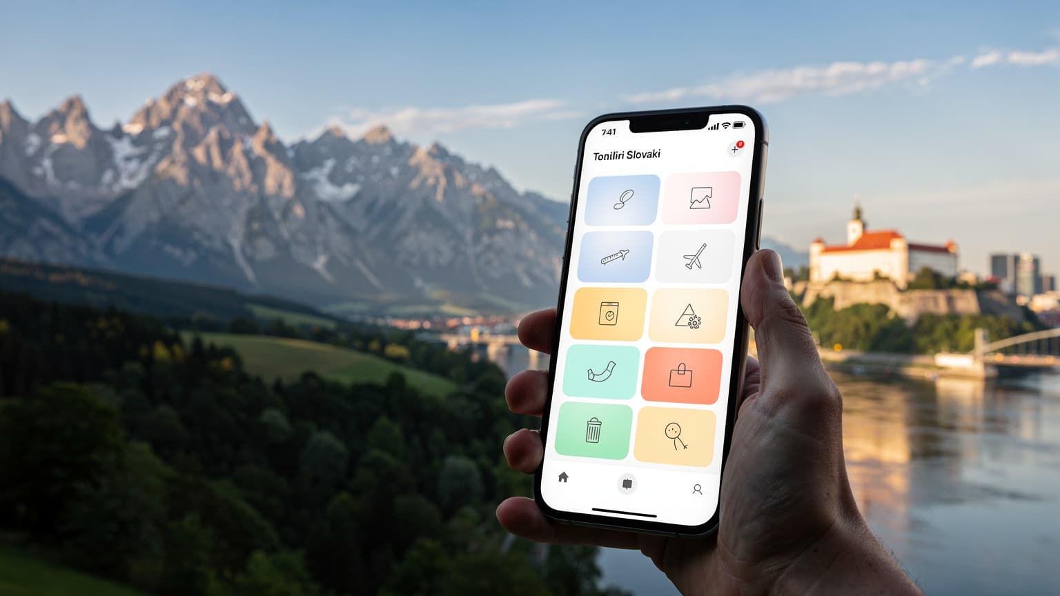 A photorealistic, cinematic hero image depicting a hand holding a smartphone with a travel app, set against a composite background of Slovakia's High Tatras mountains and Bratislava Castle, symbolizing modern travel connectivity.
