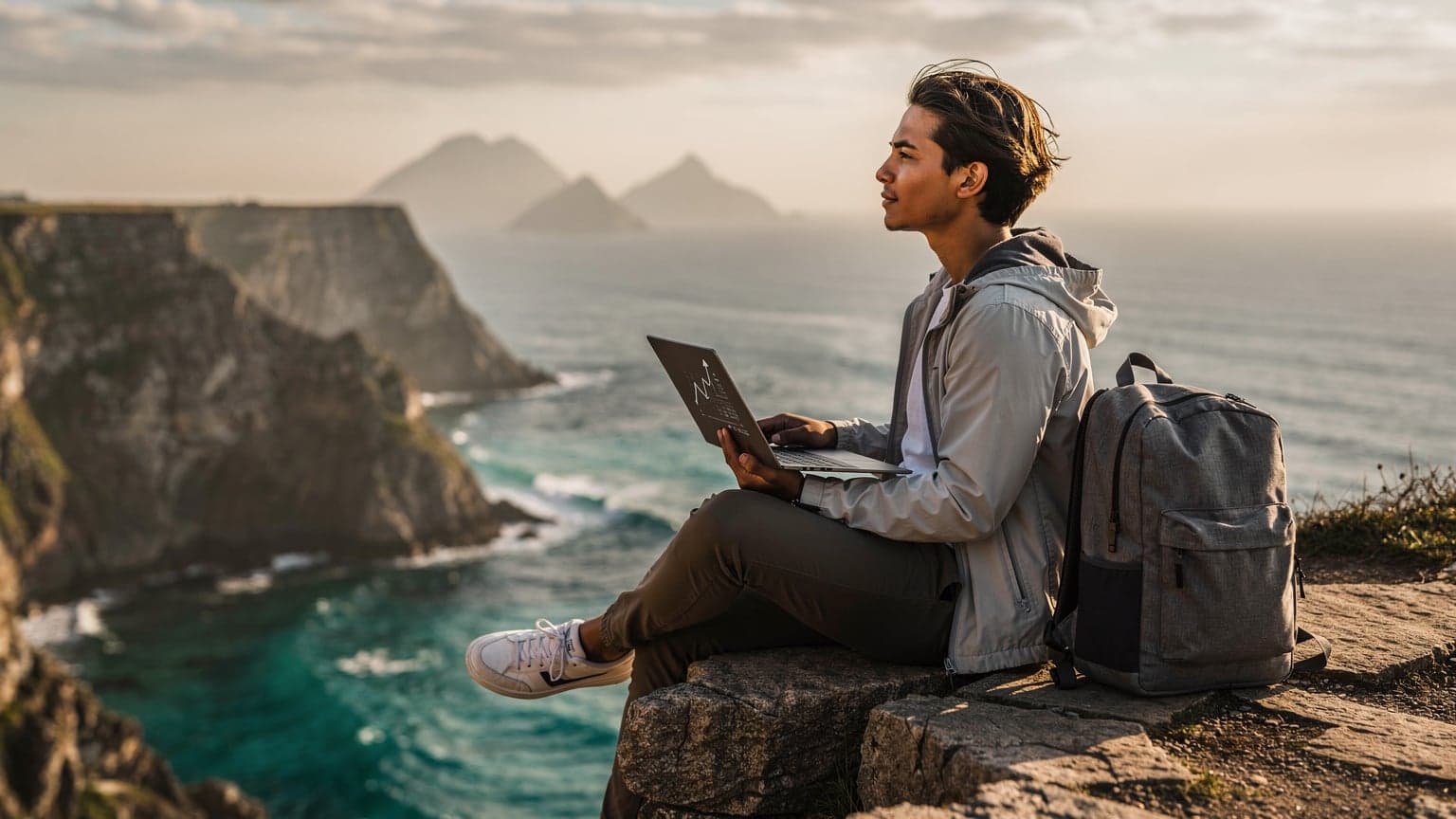 A person with a relaxed expression sits on a cliff overlooking a stunning coastal landscape with turquoise waters. They are holding a modern tablet, subtly displaying a financial graph, symbolizing travel and online income.