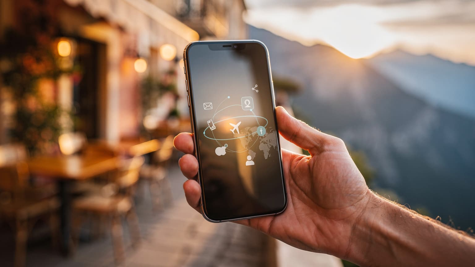 A hand holding a modern smartphone with a blurred, scenic travel background, symbolizing effortless global connectivity via eSIM.