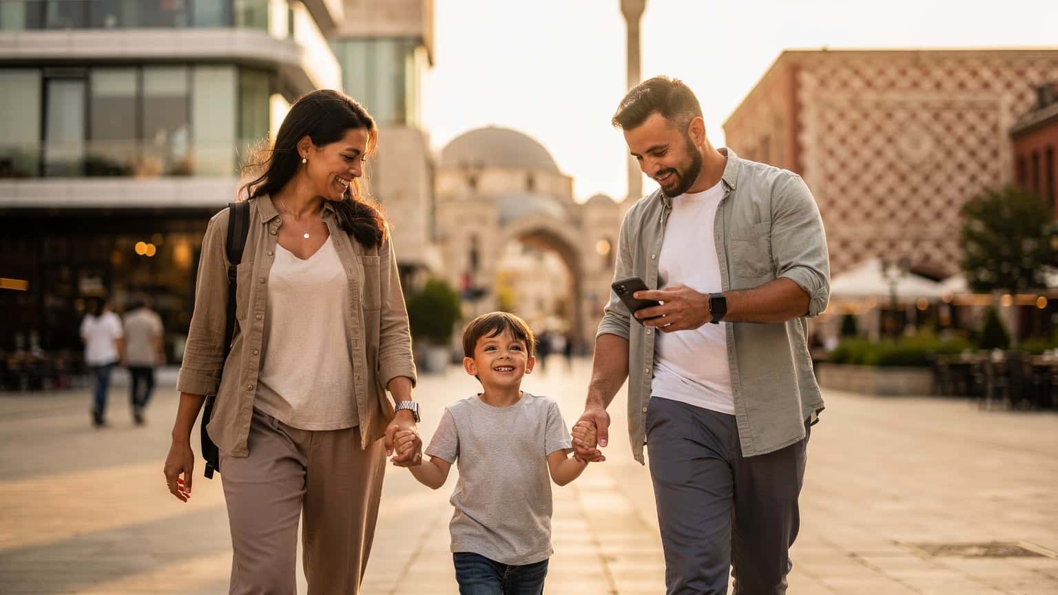 Editorial photo of a diverse family, including parents and a child, confidently exploring a modern Turkish city, with one parent subtly using a smart travel device. The scene is lit by warm natural light, conveying a sense of safety and relaxation.