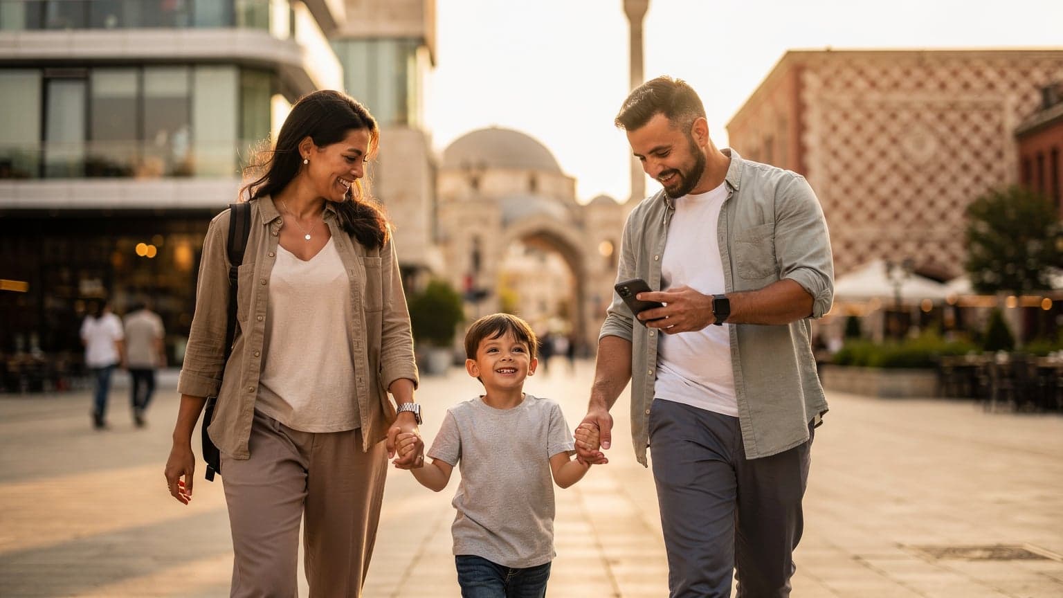 Editorial photo of a diverse family, including parents and a child, confidently exploring a modern Turkish city, with one parent subtly using a smart travel device. The scene is lit by warm natural light, conveying a sense of safety and relaxation.