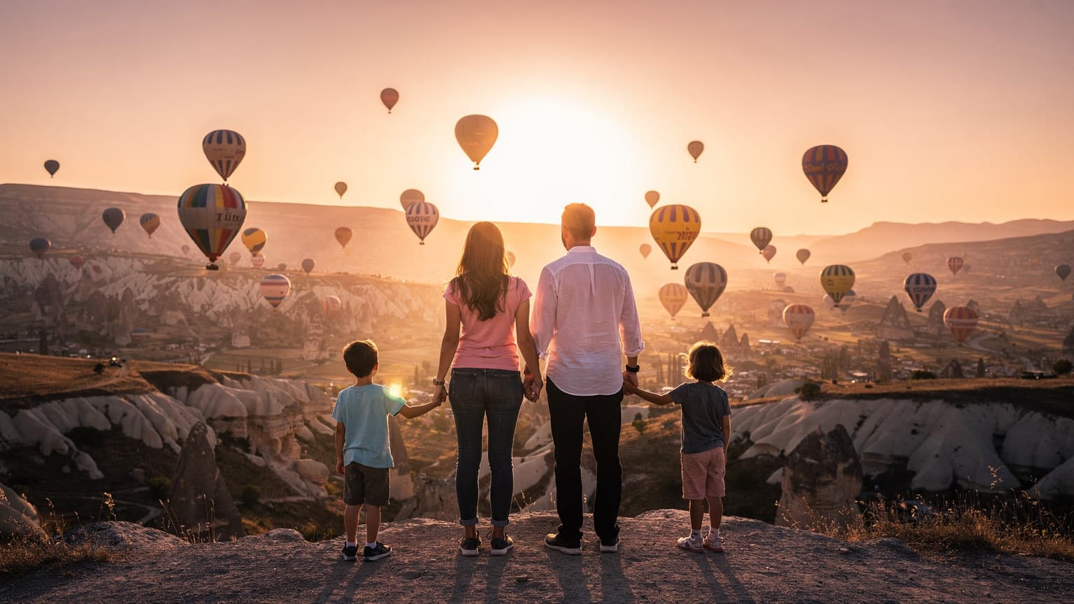 A photorealistic hero image for a travel magazine showing a family silhouetted against a stunning sunrise over Cappadocia, Turkey, with hot air balloons filling the sky, conveying wonder and discovery.