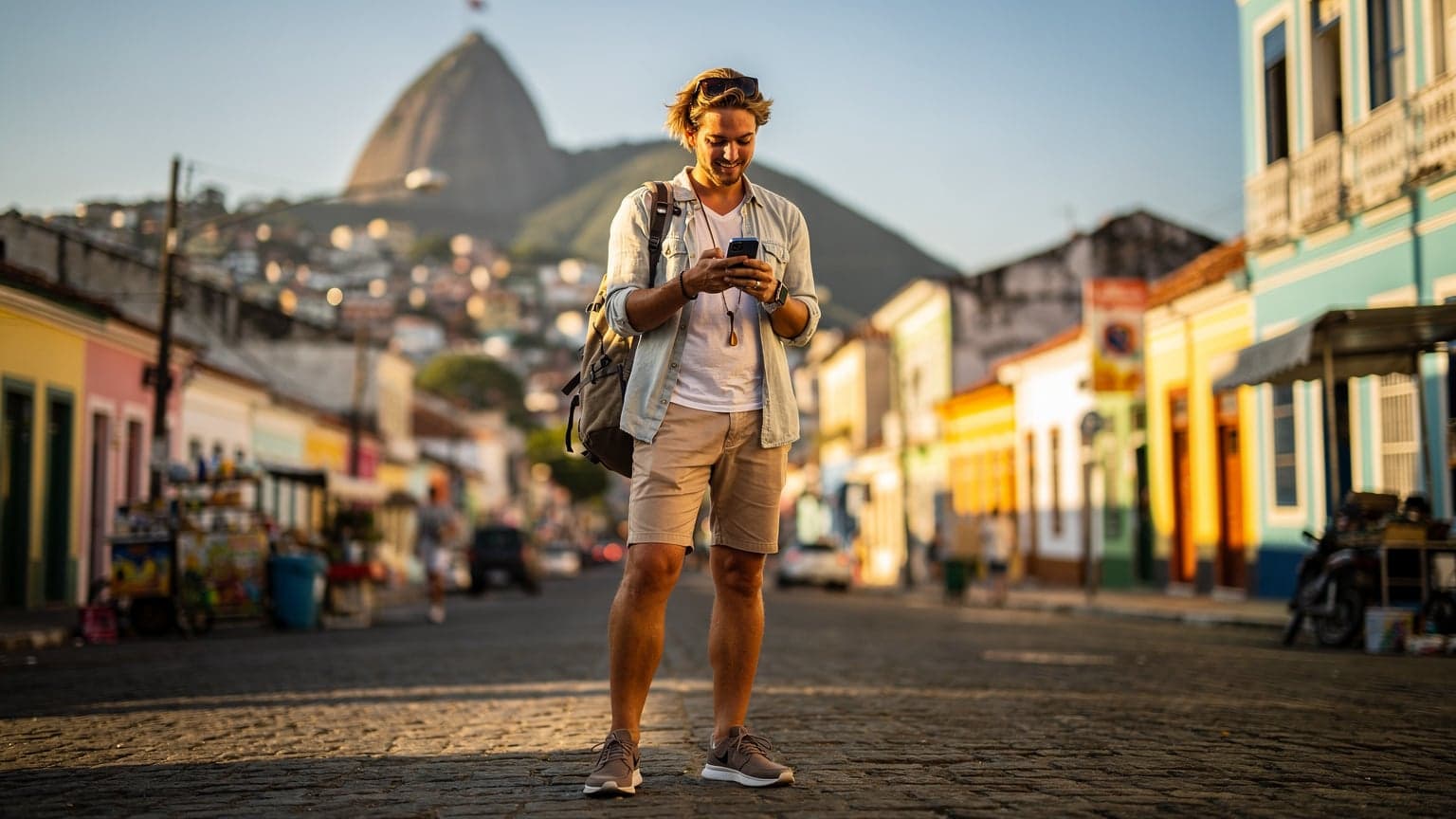 A modern traveler on a vibrant Brazilian city street, checking their smartphone, with an iconic landmark in the background, conveying travel safety and connectivity.