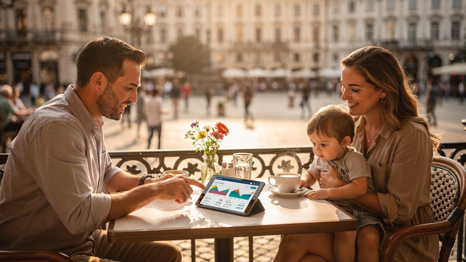 A diverse family of three (parents and a young child) at an outdoor cafe table overlooking a European city square. The father is pointing at a tablet, with the mother and child looking on. Historic buildings and lively street life are blurred in the background, under cinematic natural light.