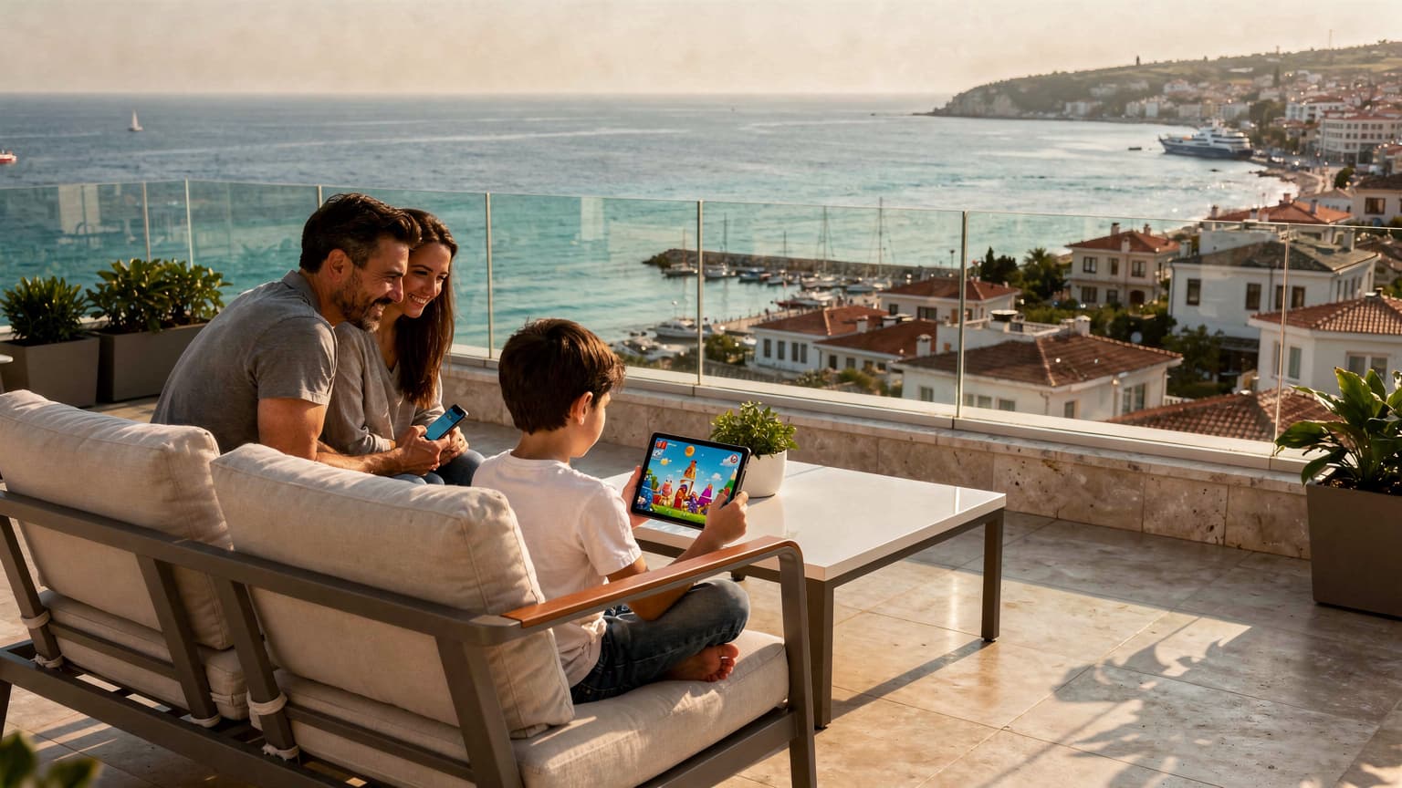 A family on a Turkish coastal terrace, with a child watching a tablet and parents enjoying the scenic view, symbolizing modern family travel and digital connectivity.