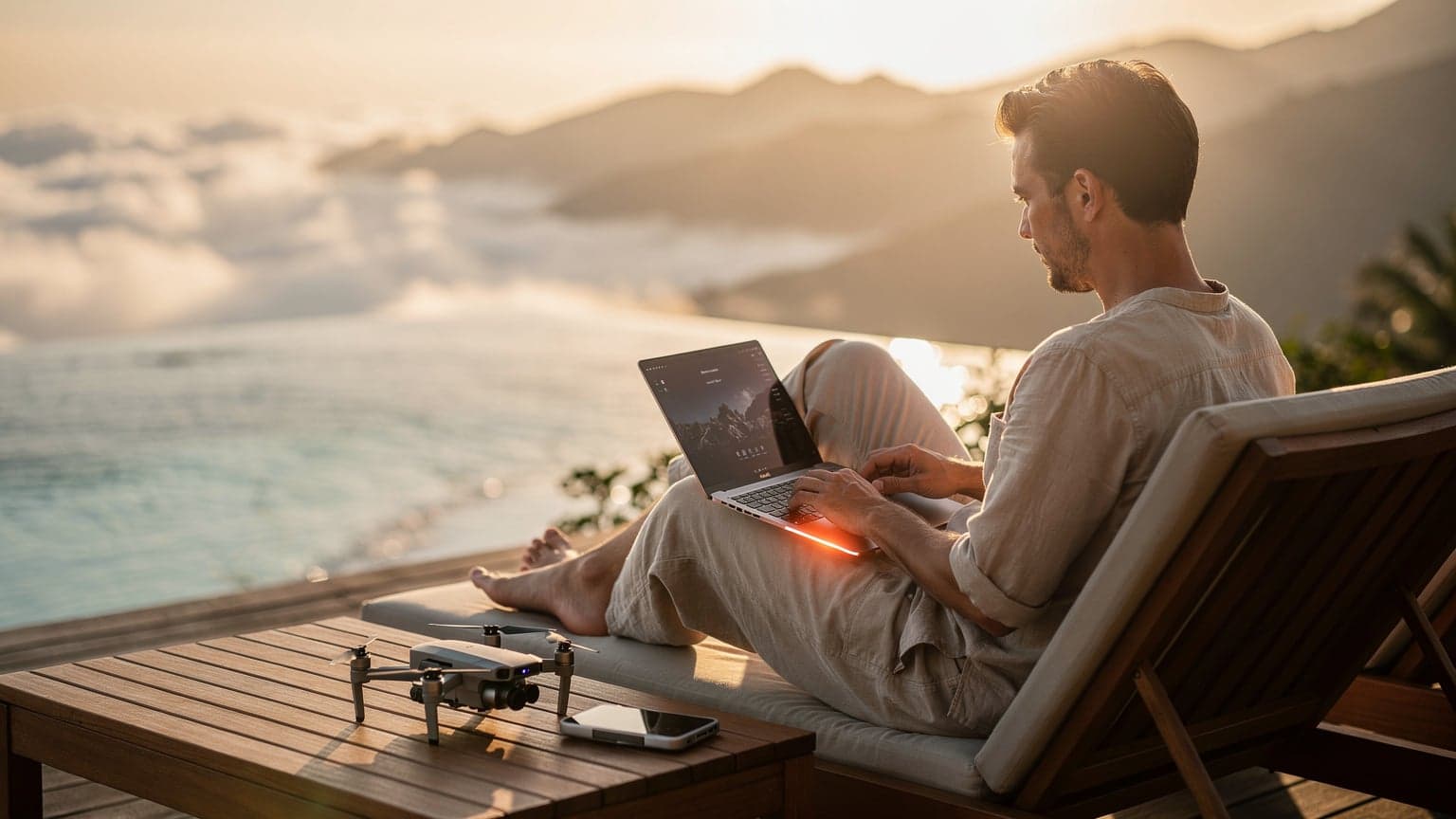 A person is working on a laptop on a wooden deck overlooking a stunning tropical beach at sunrise, with a high-tech drone nearby, symbolizing remote work and passive income for travelers.