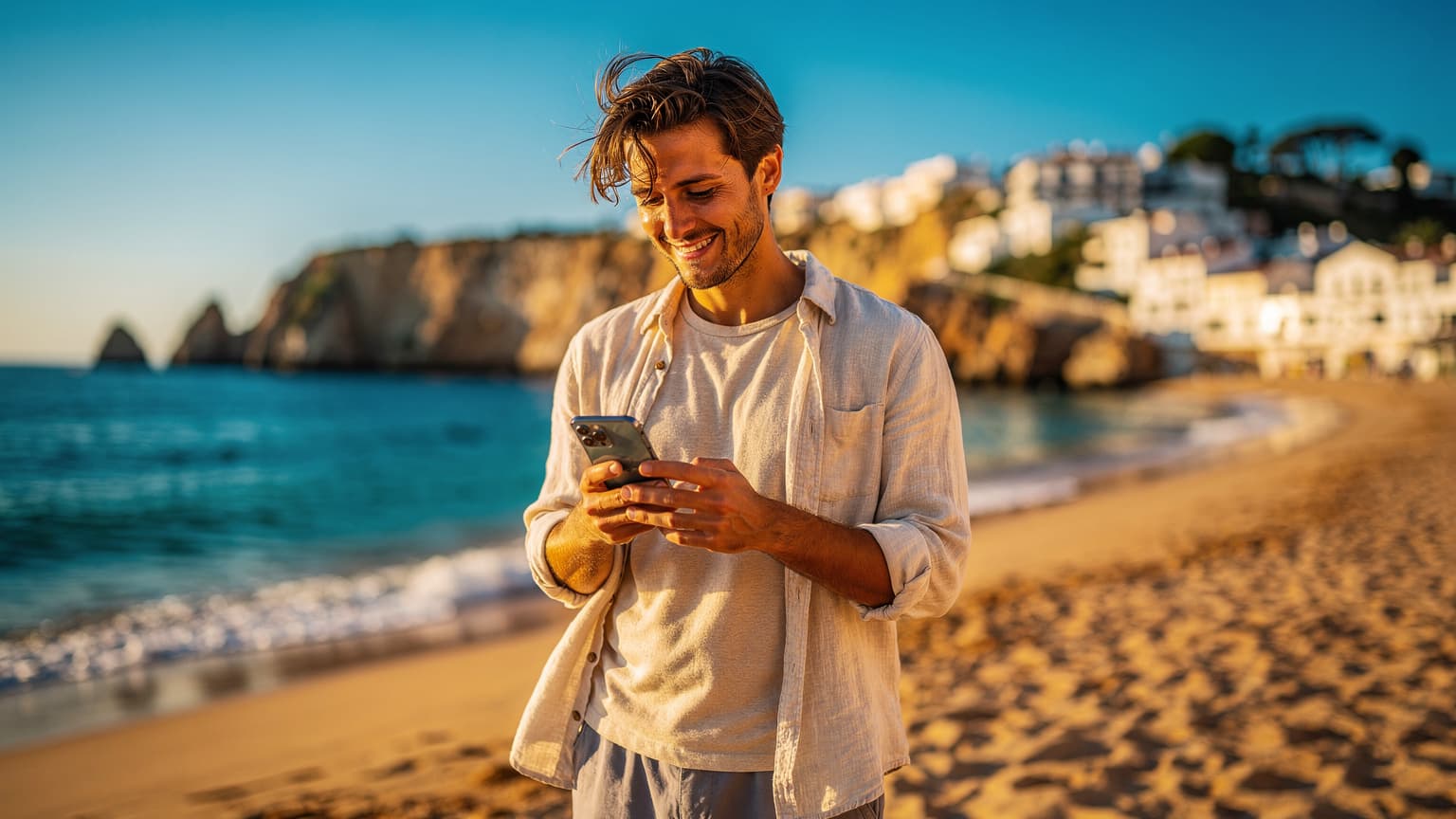 A person on a sunny beach in Spain or Portugal, looking at a smartphone, representing easy travel and connectivity without roaming issues.