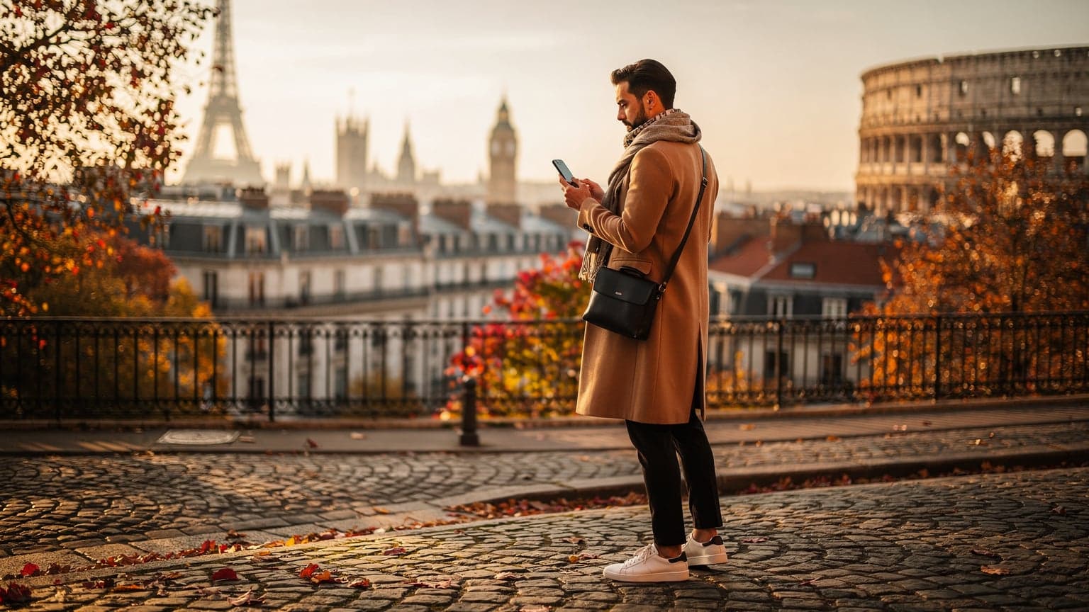 A person holding a smartphone stands on a European city street in autumn, with iconic architecture in the background, representing connected travel.