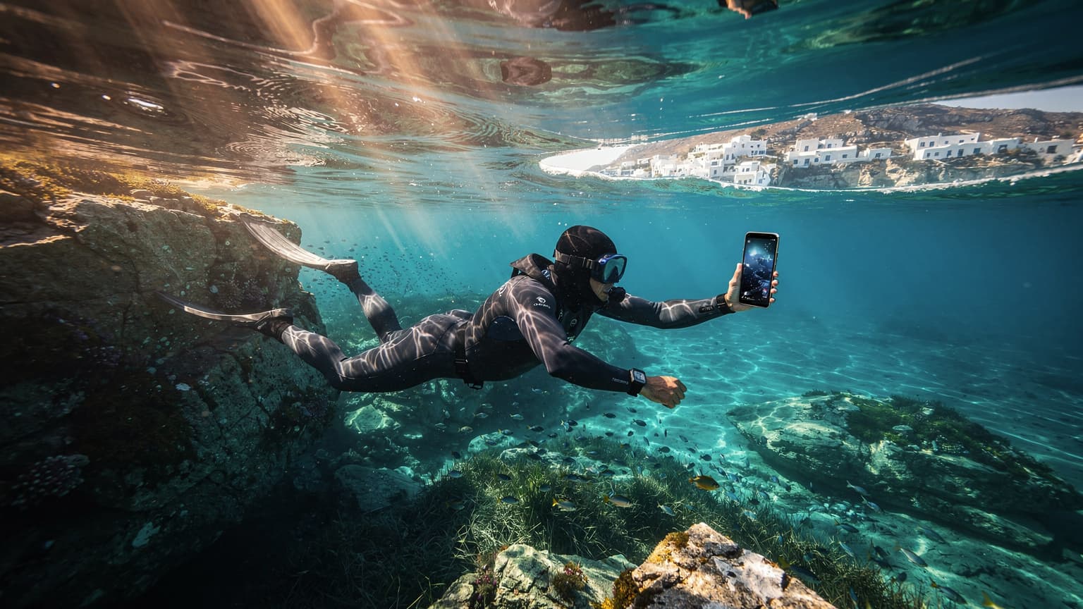 A person freediving in crystal-clear turquoise waters of a Greek island bay, holding a modern waterproof smartphone. Vibrant marine life is visible in the background, conveying adventure and connectivity.